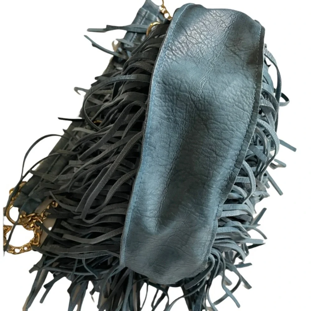 Fringed Leather Crossbody Bag in Dark Teal with Chain Strap